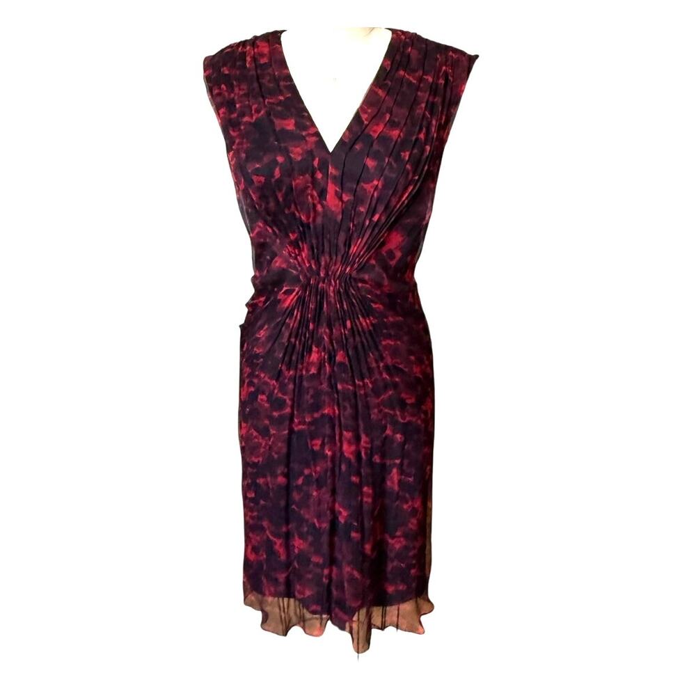 Tadashi Shoji Silk Chiffon Red & Black Print Sheath Dress Size 6